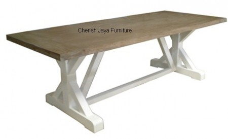 Code: SJDT 024 Name: Cross Tressel  Dining Table Size:  W=180 x D=90  x H=78 cm  W=200 x D=100 x H=78 cm W=260 x D=100 x H=78 cm W=280 x D=100 x H=78 cm Thickness top = 3 cm Thickness leg = 12 cm Wood: Solid Teakwood